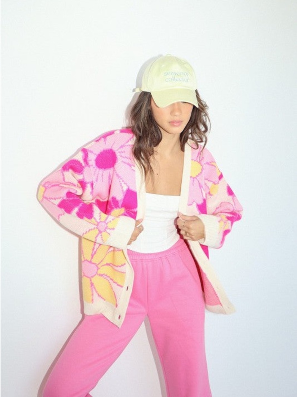 Bailey Rose Pink Retro Floral Oversized Cardigan Sweater Size Medium